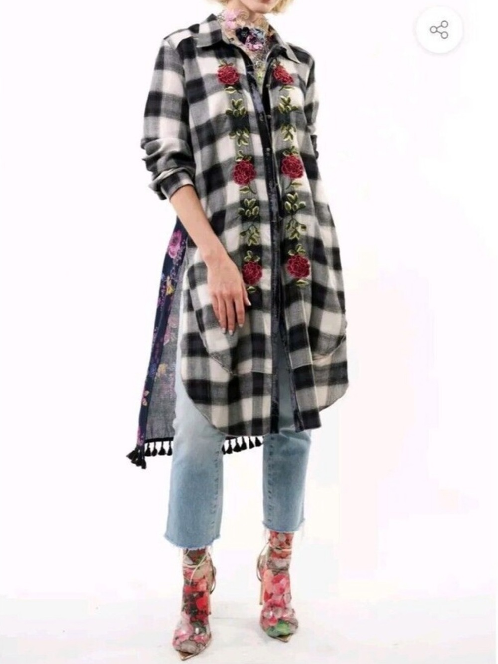 Aratta Silent Journey Black & White Plaid Embroidered Long Shacket